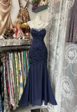 Navy Blue Strapless Mermaid Beading Vintage Long Prom Dress Formal Party Dress, HZ0319