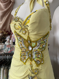Yellow Halter Sequins Beading Vintage Long Prom Dress Formal Party Dress, HZ0319