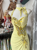 Yellow Halter Sequins Beading Vintage Long Prom Dress Formal Party Dress, HZ0319