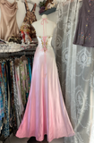 Ombre Pink Halter Beading A-Line Satin Vintage Long Party Dress, HZ0319