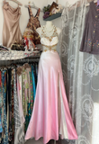 Ombre Pink Halter Beading A-Line Satin Vintage Long Party Dress, HZ0319