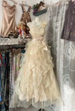 Champagne Straps A-Line Beading Organza Vintage Long Party Dress, HZ0319