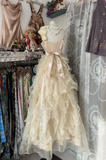 Champagne Straps A-Line Beading Organza Vintage Long Party Dress, HZ0319