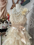 Champagne Straps A-Line Beading Organza Vintage Long Party Dress, HZ0319