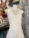 Light Ivory V Neck Sleeveless A-Line Vintage Long Evening Party Dress, HZ0319