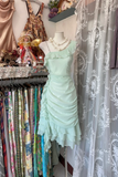 Sage Green Chiffon Ruffles Midi Length Vintage Party Dress Cocktail Dress, HZ0319