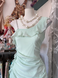Sage Green Chiffon Ruffles Midi Length Vintage Party Dress Cocktail Dress, HZ0319