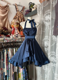 Navy Blue Halter A-Line Satin Vintage Short Party Dress Homecoming Dress, HZ0319