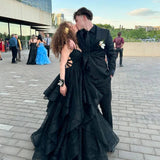 Black Straps A-Line Backless Shiny Long Party Dress Birthday Ball Gown, HZ0319