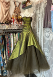 Green Strapless A-Line Beading Satin Vintage Long Party Dress Prom Dress, HZ0319