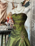 Green Strapless A-Line Beading Satin Vintage Long Party Dress Prom Dress, HZ0319
