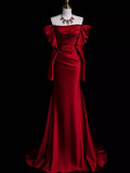 Elegant Off Shoulder Mermaid Satin Red Long Prom Dress Formal Party Dress, HZ0319