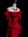 Elegant Off Shoulder Mermaid Satin Red Long Prom Dress Formal Party Dress, HZ0319