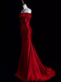 Elegant Off Shoulder Mermaid Satin Red Long Prom Dress Formal Party Dress, HZ0319