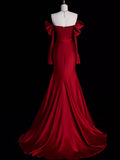 Elegant Off Shoulder Mermaid Satin Red Long Prom Dress Formal Party Dress, HZ0319