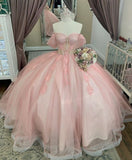 Pink Off Shoulder A-Line Tulle Sweet 16 Birthday Ball Gown Quinceanera Dress, HZ0319