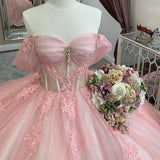 Pink Off Shoulder A-Line Tulle Sweet 16 Birthday Ball Gown Quinceanera Dress, HZ0319