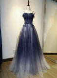 Navy Blue Spaghetti Strapsless A-Line Tulle Ombre Long Formal Prom Dress, HZ0319