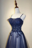 Navy Blue Spaghetti Strapsless A-Line Tulle Ombre Long Formal Prom Dress, HZ0319