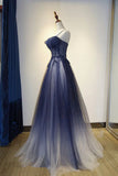 Navy Blue Spaghetti Strapsless A-Line Tulle Ombre Long Formal Prom Dress, HZ0319