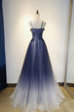Navy Blue Spaghetti Strapsless A-Line Tulle Ombre Long Formal Prom Dress, HZ0319