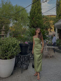 Green Spaghetti Straps Sheath Satin Long Party Dress Wedding Guest Dress, HZ0319