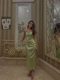 Green Spaghetti Straps Sheath Satin Long Party Dress Wedding Guest Dress, HZ0319
