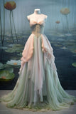 Elegant Strapless A-Line Ruffles Chiffon Fairy Long Formal Prom Dress, HZ0319