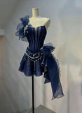 Gorgeous Navy Blue Strapless A-Line Short Party Dress Shiny Mini Birthday Dress, HZ0319