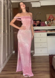Shiny Pink Off Shoulder Sheath Long Party Dress Evening Prom Dress, HZ0319