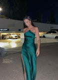 Green Straps Sheath Satin Split Long Party Dress Wedding Guest Dress, HZ0319