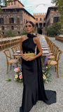 Black Halter Sheath Satin Long Formal Party Dress Elegant Evening Dress, HZ0319