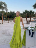 Green Halter Backless A-Line Chiffon Long Party Dress Elegant Evening Dress, HZ0319