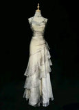 Champagne Straps Sheath Chiffon Vintage Long Prom Dress Evening Party Dress, HZ0319