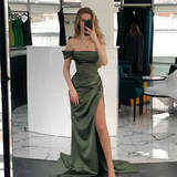Olive Green Off Shoulder Sheath Satin Long Prom Dress Evening Party Dress, HZ0319