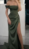 Olive Green Off Shoulder Sheath Satin Long Prom Dress Evening Party Dress, HZ0319