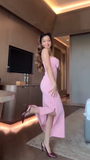 Pink Strapless Sheath Satin Long Party Dress Wedding Guest Dress, HZ0319