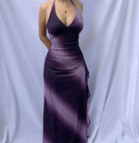 Purple Gradient Halter Sheath Chiffon Long Party Dress Vintage Evening Dress, HZ0319
