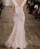 Pink V Neck Mermaid Ruffles Chiffon Long Party Dress Vintage Evening Dress, HZ0319