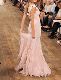 Pink V Neck Mermaid Ruffles Chiffon Long Party Dress Vintage Evening Dress, HZ0319
