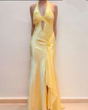 Yellow Halter Sheath Beading Satin Long Party Dress Wedding Guest Dress, HZ0319