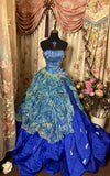 Blue Strapless A-Line Satin Long Party Dress Vintage Evening Dress, HZ0319