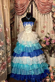 Blue Strapless A-Line Tiered Long Party Dress Vintage Evening Dress, HZ0319