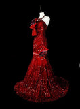 Charming Red One Shoulder Mermaid Sequins Vintage Long Evening Party Dress, HZ0319