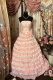 Pink Strapless A-Line Tiered Long Party Dress Vintage Evening Dress, HZ0319