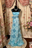 Blue Spaghetti Straps Lace Satin Vintage Long Party Dress Evening Gown, HZ0319