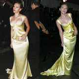 Stunning Yellow Straps Mermaid Satin Long Evening Party Dress Gala Gown, HZ0319
