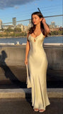 Spaghetti Straps Open Back Sheath Satin Long Party Dress Wedding Guest Dress, HZ0319
