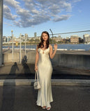 Spaghetti Straps Open Back Sheath Satin Long Party Dress Wedding Guest Dress, HZ0319