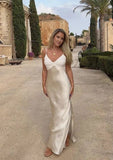 Spaghetti Straps Sheath Satin Simple Long Party Dress Wedding Guest Dress, HZ0319